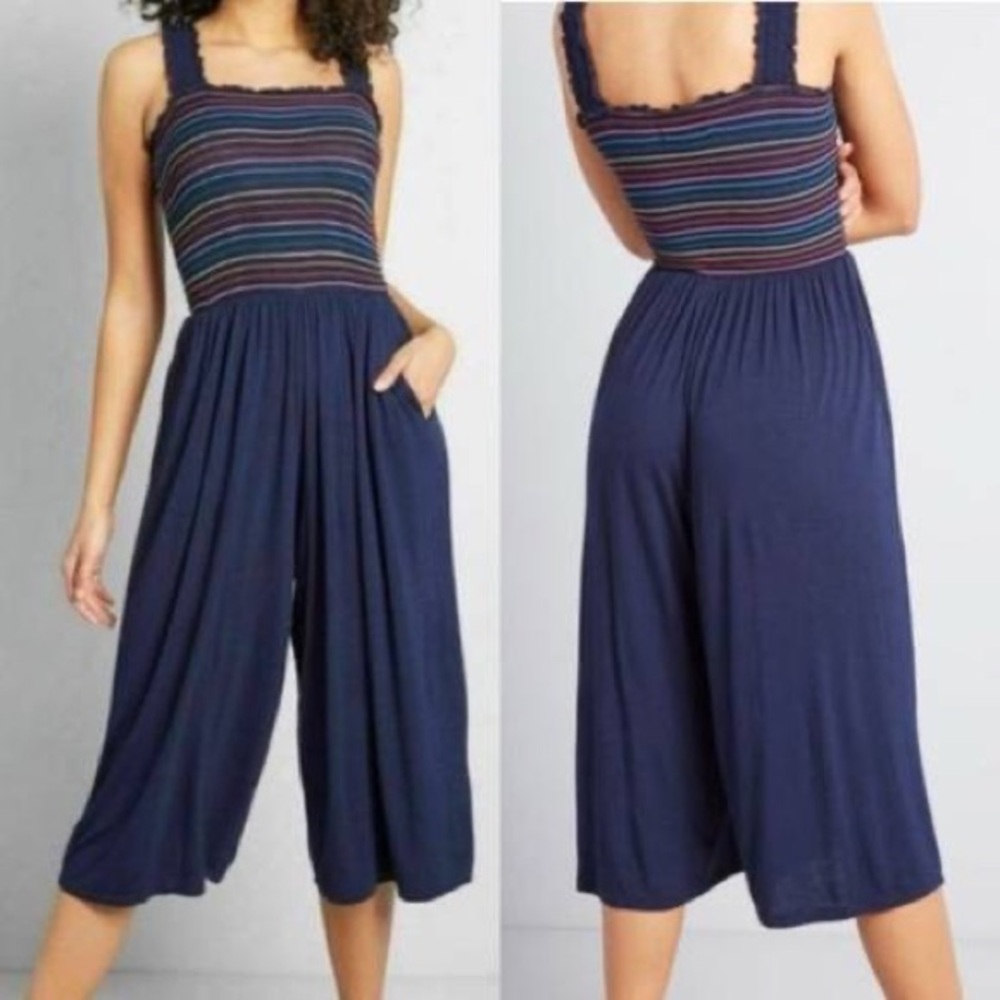 ModCloth Bright Benefits Smocked Rainbow Stripe Cropped Wide Leg Jumpsuit Size S